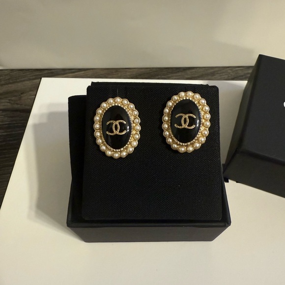CHANEL Gold CC Black Enamel Faux Pearl Embellished Oval Earrings - Picture 2 of 9